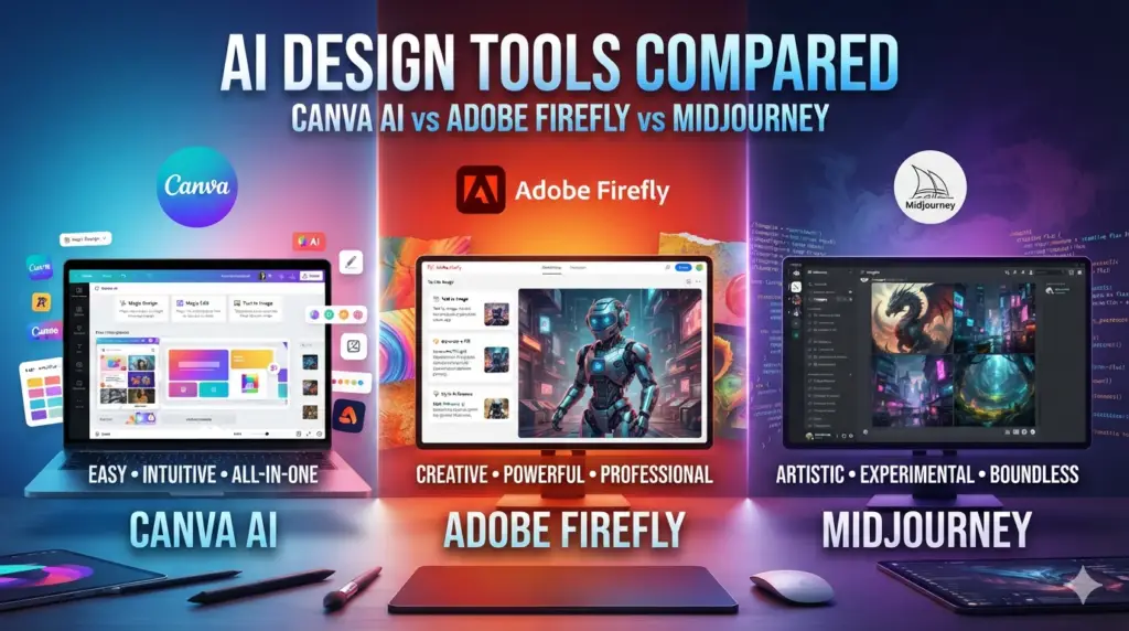 AI Design Tools Compared — Canva AI vs Adobe Firefly vs Midjourney