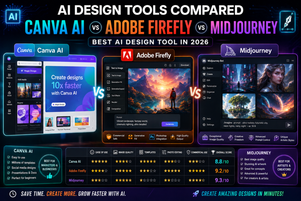AI Design Tools Compared — Canva AI vs Adobe Firefly vs Midjourney