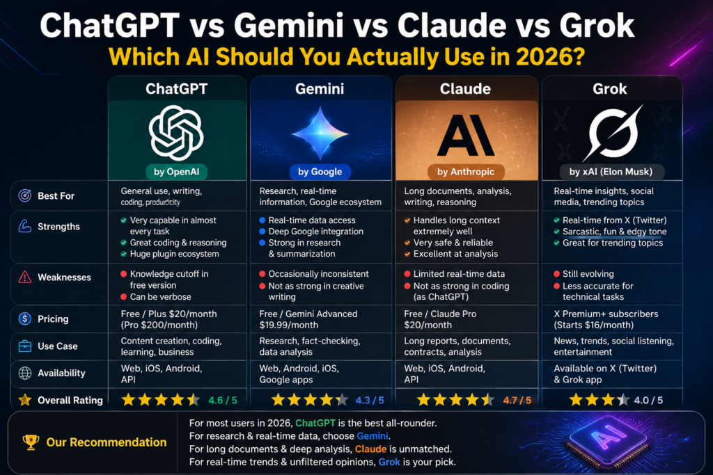 ChatGPT vs Gemini vs Claude vs Grok - Which AI Should You Actually Use in 2026?